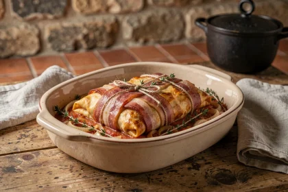 Paupiettes de porc au four dans un plat en céramique rustique avec oignons caramélisés et thym sur une table en bois de ferme