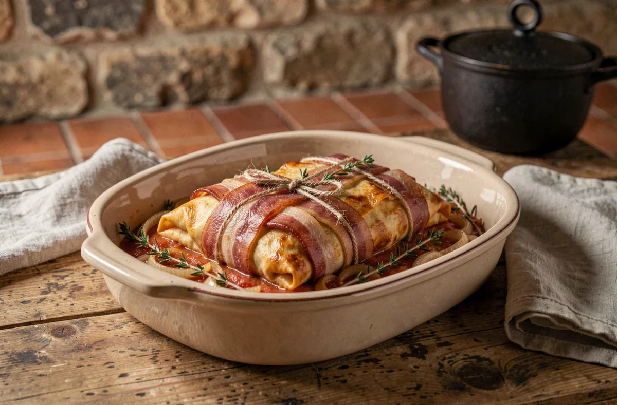 Paupiettes de porc au four dans un plat en céramique rustique avec oignons caramélisés et thym sur une table en bois de ferme