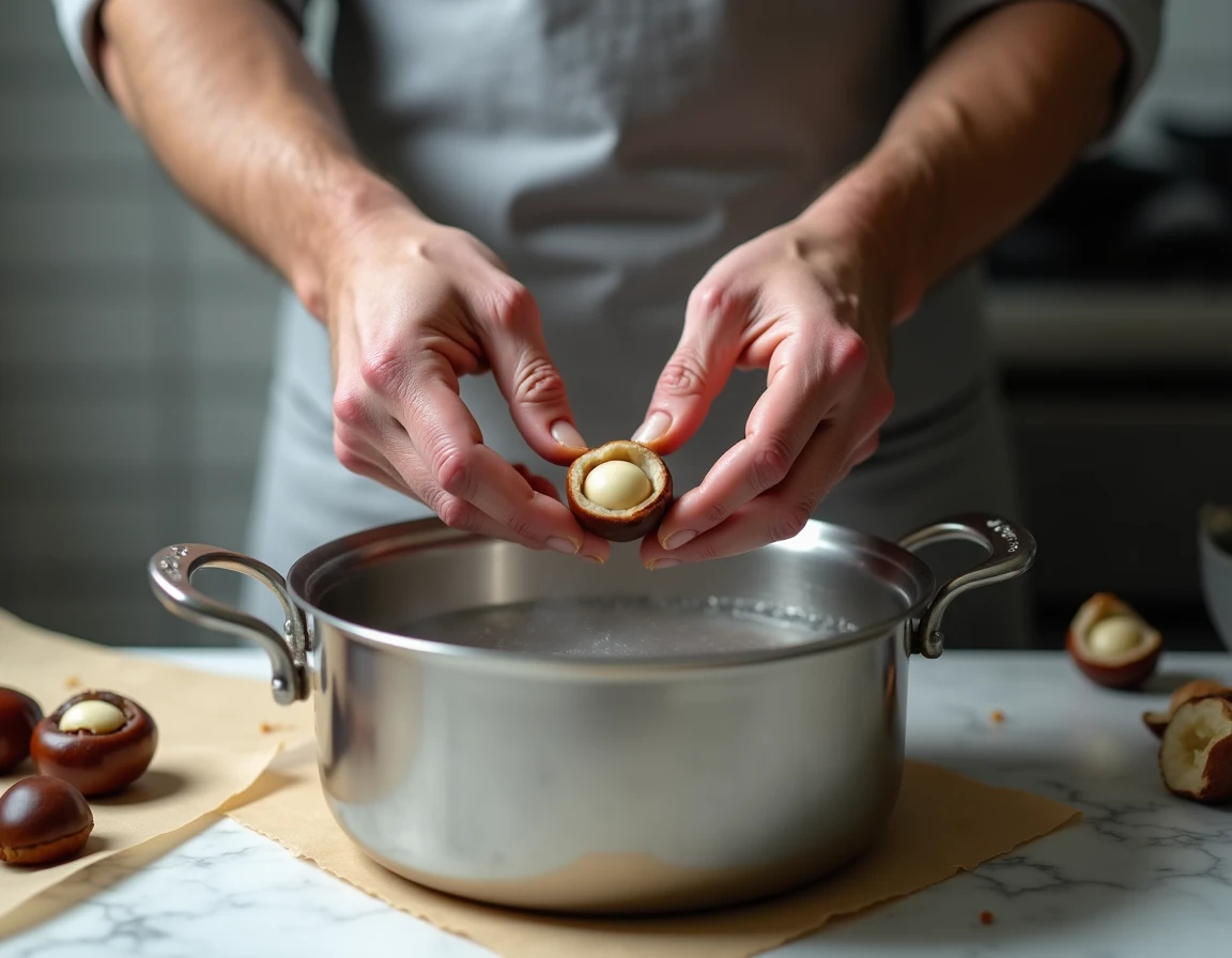 Mains épluchant la peau intérieure d'une châtaigne blanchie au-dessus d'une casserole, cuisine de pâtisserie professionnelle