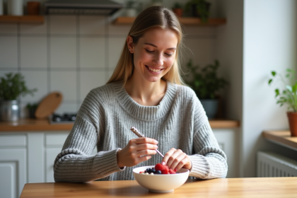 Femme préparant un bol de yaourt aux fruits dans une cuisine lumineuse