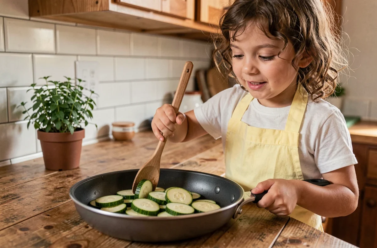 Petite fille préparant une poêlée de courgettes dans une cuisine familiale en bois