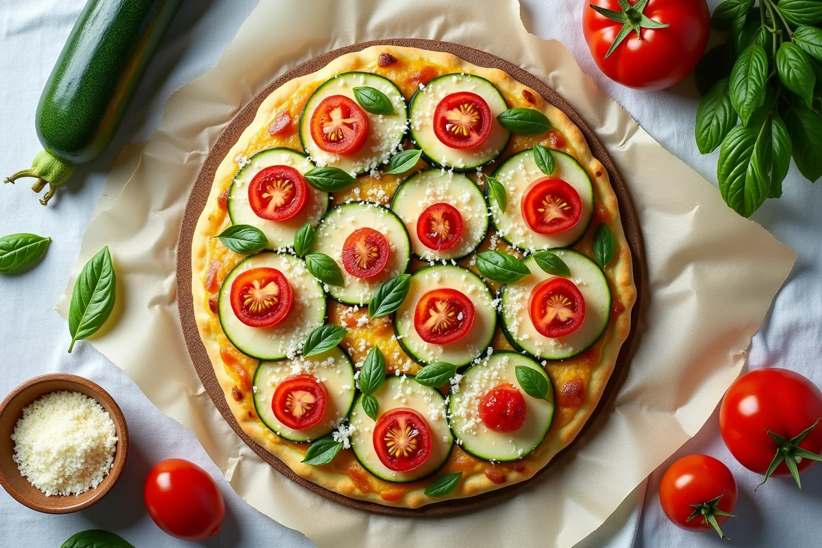 Vue de dessus d'une pizza courgette crue avec tomates, basilic et parmesan avant cuisson sur papier sulfurisé