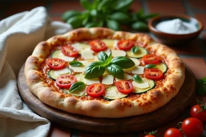 Pizza de courgette italienne avec tomates cerises, basilic frais et parmesan sur une planche en bois rustique