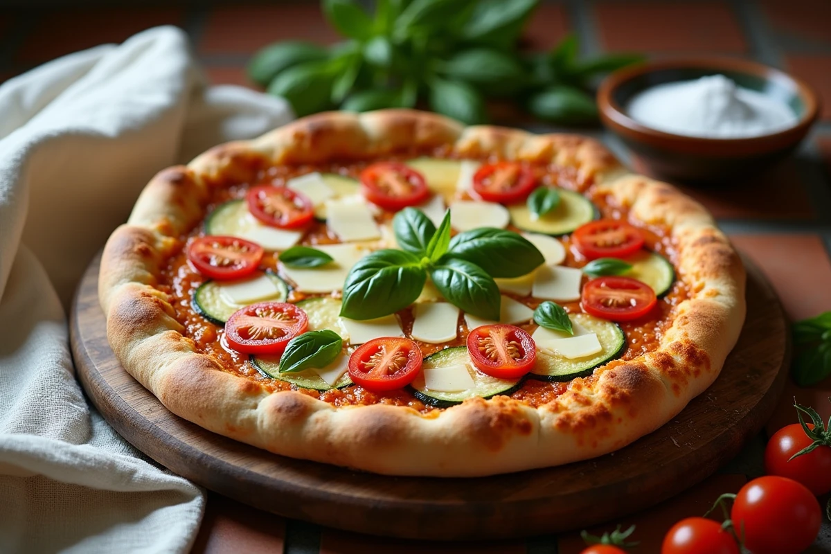 Pizza de courgette italienne avec tomates cerises, basilic frais et parmesan sur une planche en bois rustique