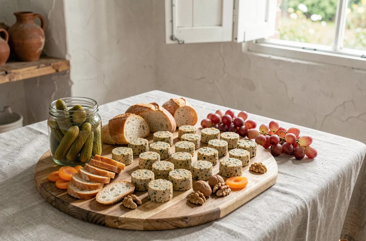 Grande planche apéritif conviviale avec caillettes revisitées, cornichons, baguette, noix et raisins sur nappe en lin dans une salle à manger provençale ensoleillée