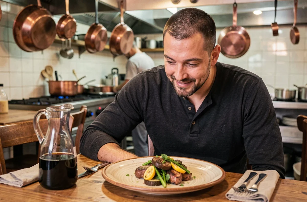 Homme appréciant un plat gastronomique du Sud-Ouest servi dans un restaurant convivial et authentique de Toulouse