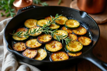 Poêle en fonte avec courgettes sautées dorées façon bistrot, garnies de thym frais et fleur de sel sur table en bois rustique