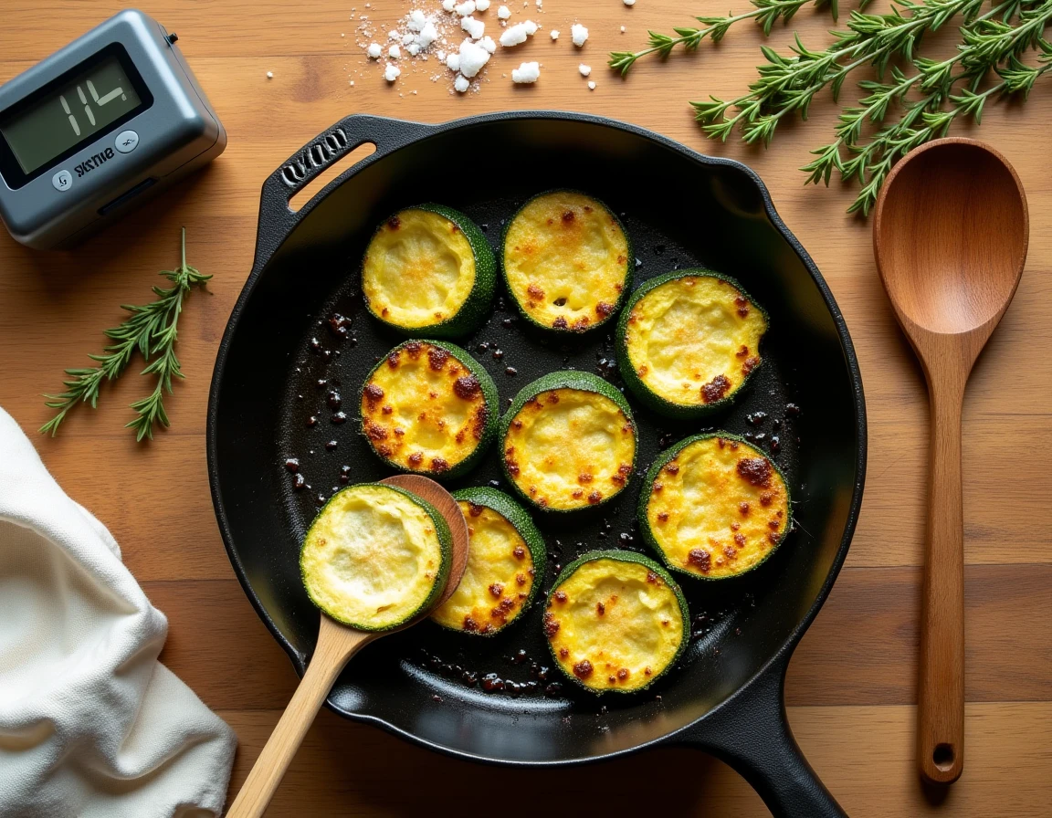 Vue aérienne d'une poêle en fonte avec des courgettes surgelées sautées et un minuteur de cuisine