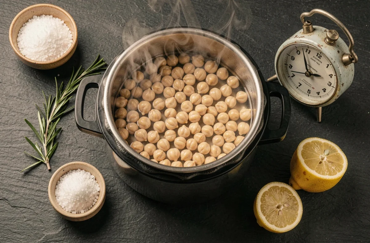 Pois chiches cuits à point dans une cocotte-minute ouverte, entourés d'ingrédients aromatiques sur ardoise