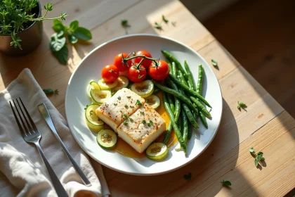 Assiette de poisson blanc avec légumes vapeur – courgettes, haricots verts et tomates cerises sur table en bois rustique