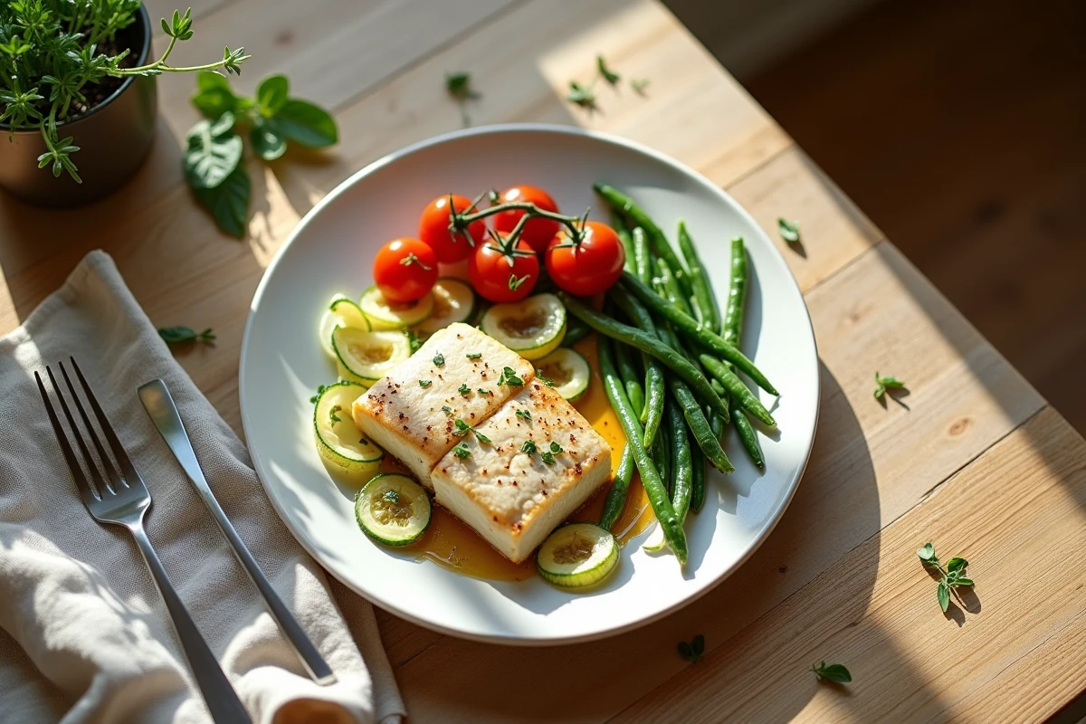 Assiette de poisson blanc avec légumes vapeur – courgettes, haricots verts et tomates cerises sur table en bois rustique