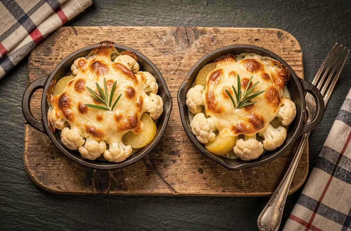 Deux portions individuelles de gratin de chou-fleur et pommes de terre servies dans des cocottes en fonte avec croûte de fromage dorée
