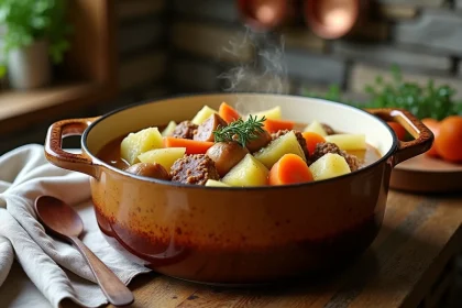 Pot&eacute;e rustique au chou et carottes servie dans un pot en c&eacute;ramique sur une table en bois de ferme