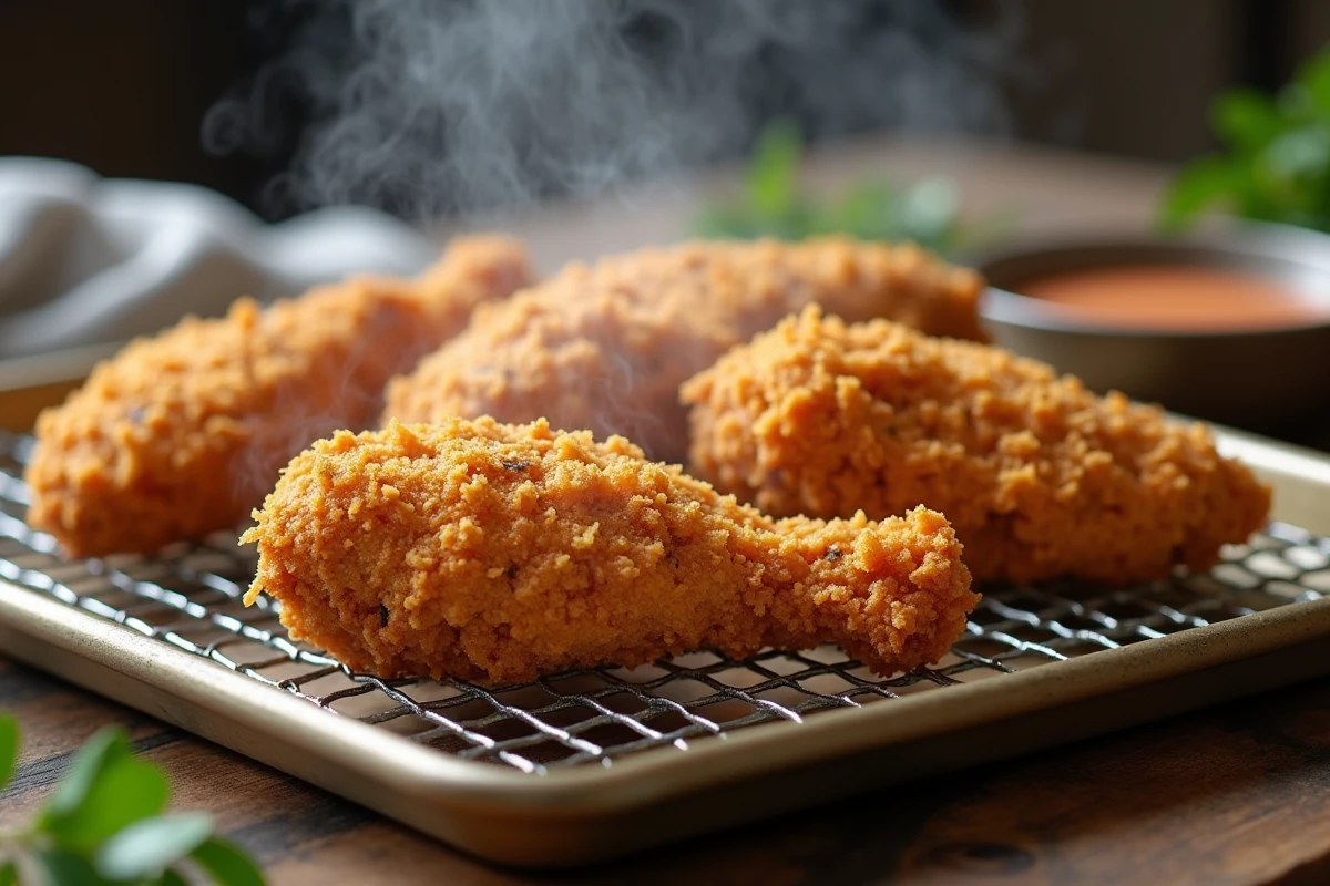 Poulet pané croustillant doré posé sur une grille de refroidissement avec une croûte en chapelure texturée