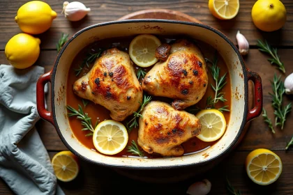 Cuisses de poulet rôties au citron et au thym dans un plat en céramique rustique