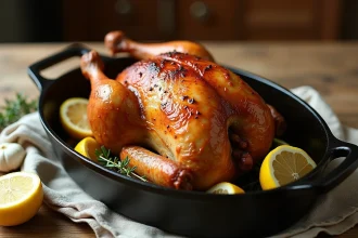 Poulet rôti entier doré dans une cocotte en fonte avec ail, thym et citron sur une table en bois rustique