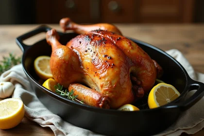 Poulet rôti entier doré dans une cocotte en fonte avec ail, thym et citron sur une table en bois rustique