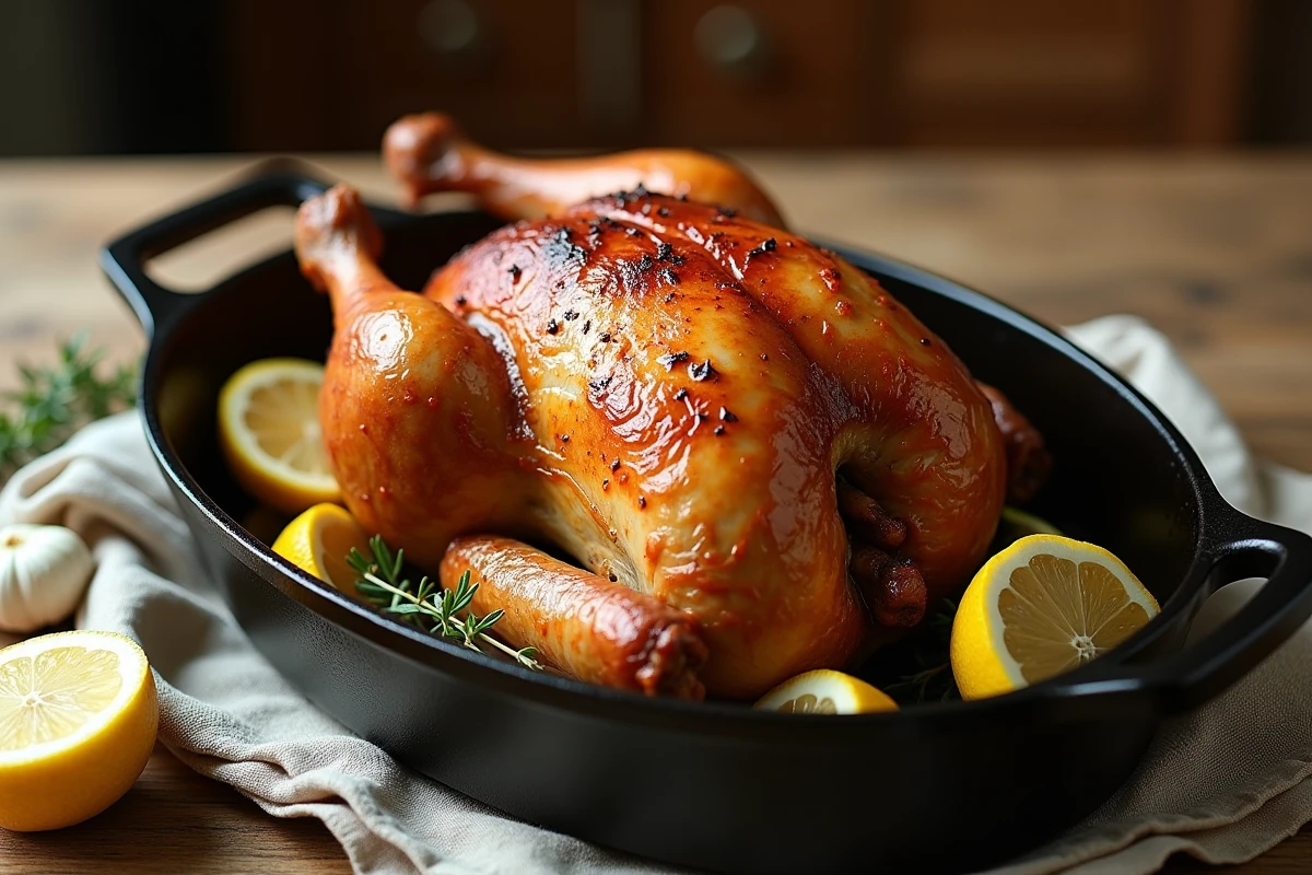 Poulet rôti entier doré dans une cocotte en fonte avec ail, thym et citron sur une table en bois rustique