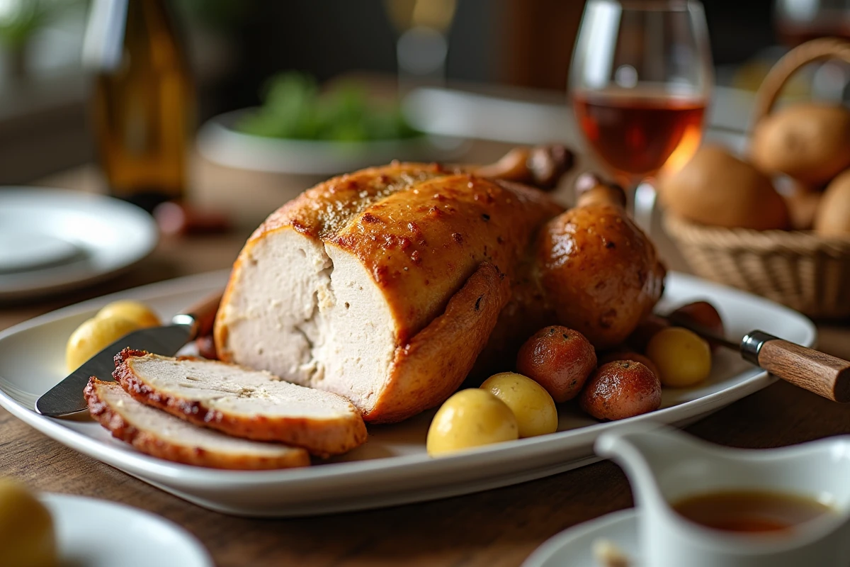 Poulet rôti découpé sur un plat en céramique blanche avec pommes de terre rôties et jus de rôti pour un repas du dimanche