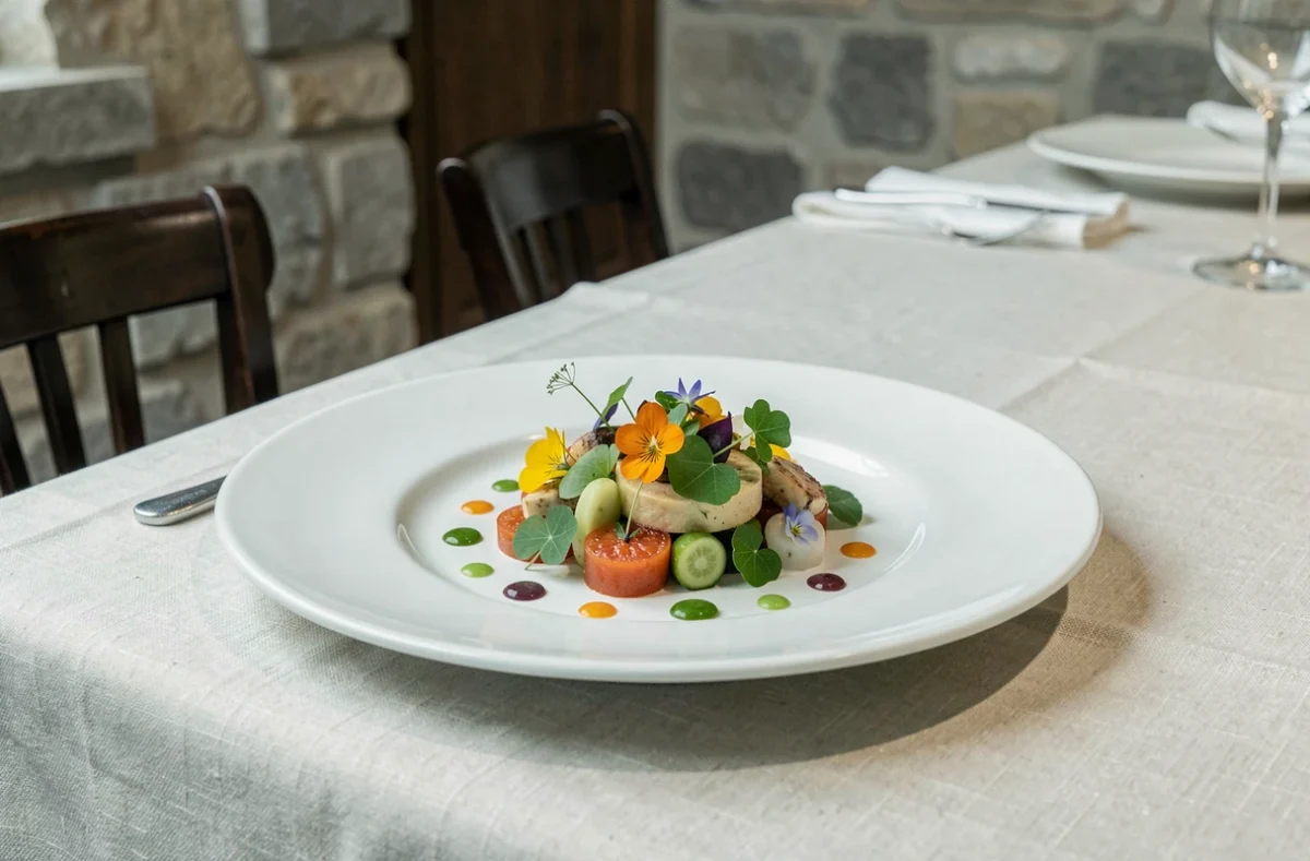 Assiette gastronomique raffinée aux légumes de saison et herbes fraîches du restaurant étoilé Prairial à Lyon