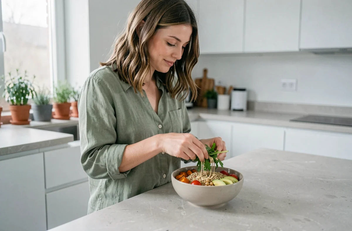 Femme préparant un bowl végétarien équilibré avec quinoa, avocat, pois chiches et patate douce rôtie dans une cuisine moderne