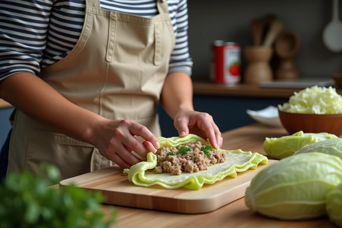Femme préparant des choux farcis maison, roulant une feuille de chou garnie de viande et riz dans une cuisine simple