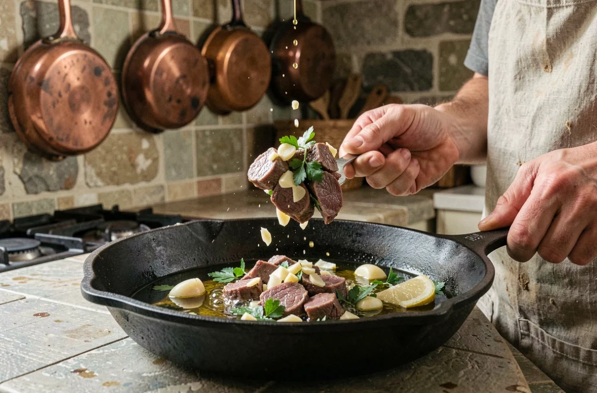 Chef faisant sauter des couilles de mouton à la persillade dans une poêle en fonte dans une cuisine traditionnelle française