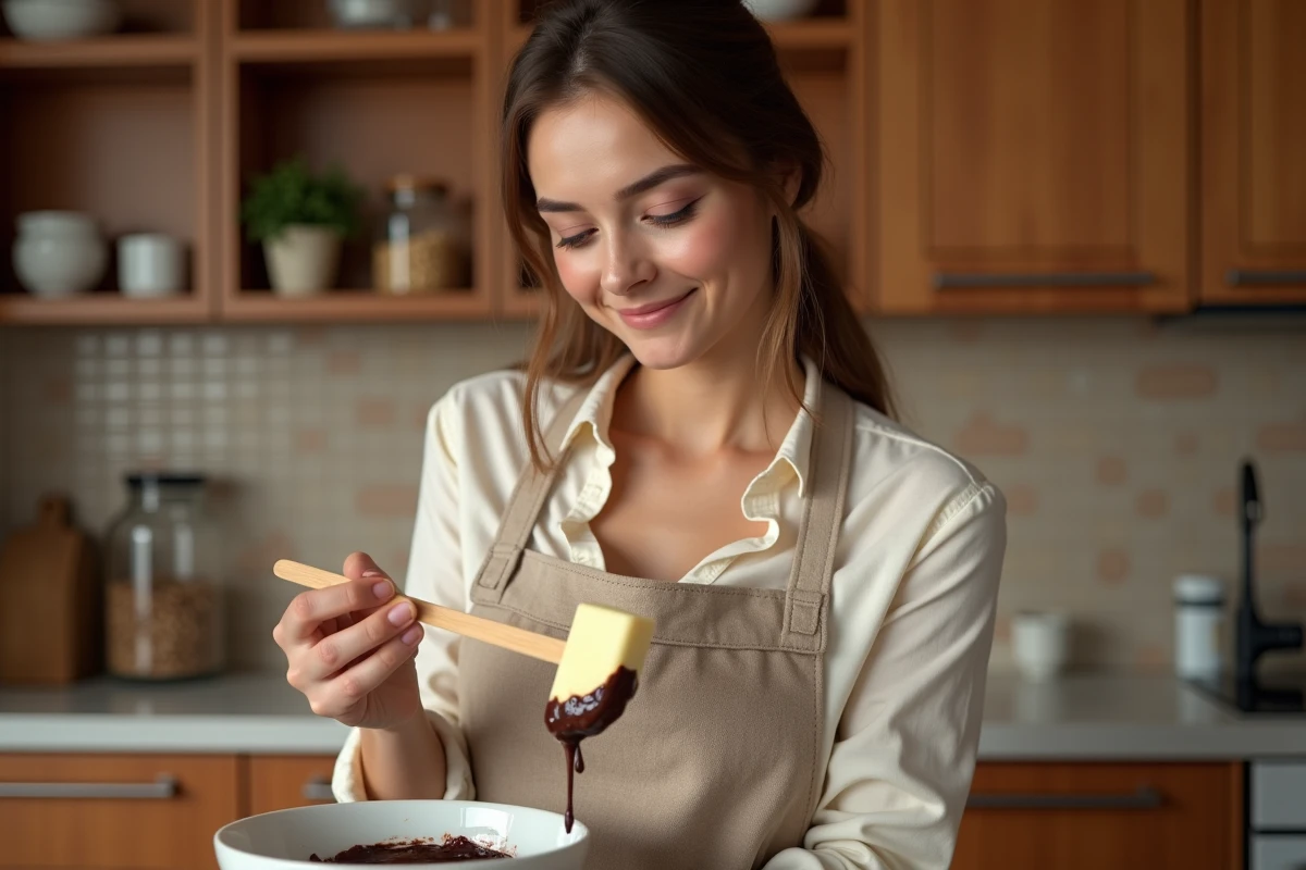 Femme qui trempe une glace vanille dans du chocolat fondu pour réaliser un Magnum maison dans une cuisine chaleureuse