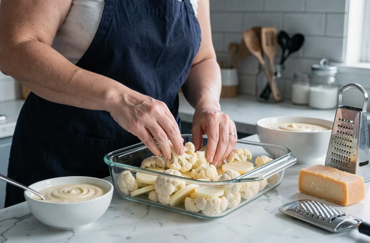 Femme préparant un gratin de chou-fleur et pommes de terre en alternant les couches dans un plat en verre avant cuisson
