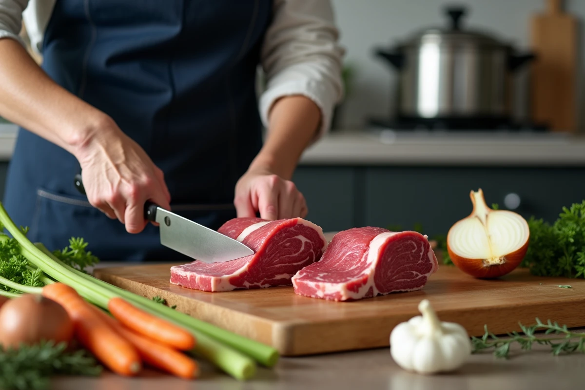 Femme préparant une langue de bœuf crue sur une planche à découper avec des légumes frais avant la cuisson en cocotte minute