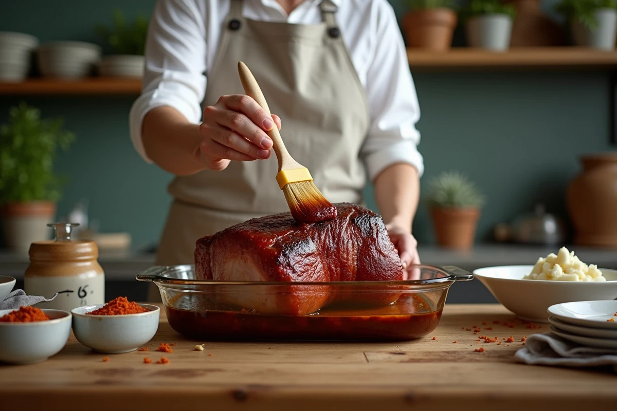 Cuisinier à domicile badigeonnant un rôti de porc cru avec une marinade express avant cuisson à l'Airfryer, entouré d'épices et d'aromates dans une cuisine rustique