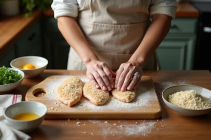 Femme enrobant des escalopes de poulet avec une panure de chapelure panko sur une planche en bois dans une cuisine maison