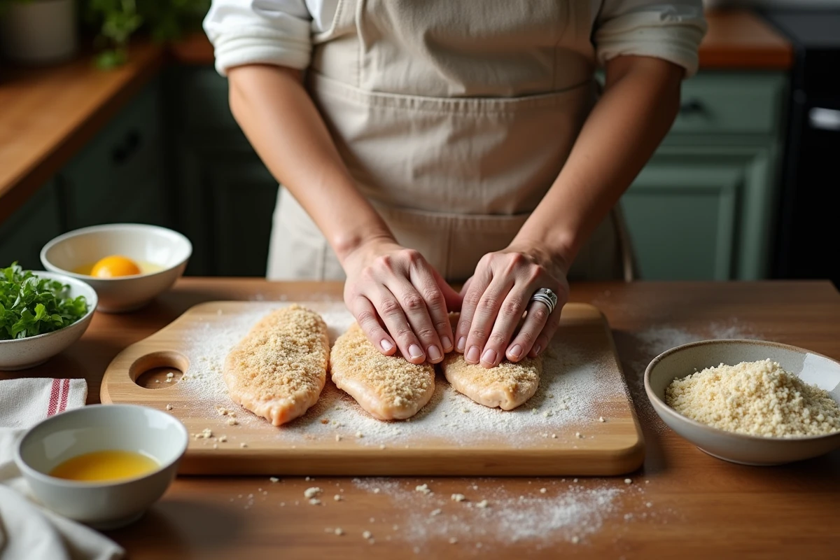 Femme enrobant des escalopes de poulet avec une panure de chapelure panko sur une planche en bois dans une cuisine maison