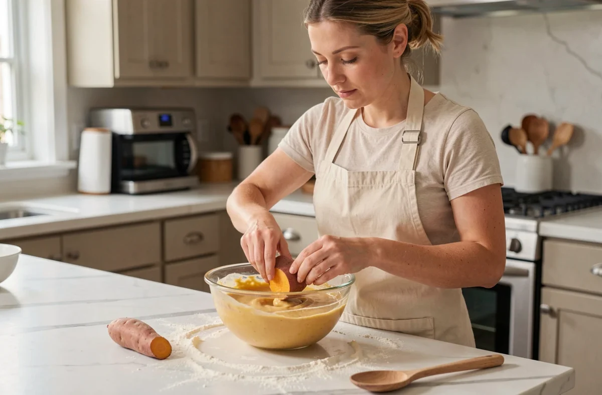 Femme en tablier préparant la pâte d'un gâteau à la patate douce dans une cuisine moderne
