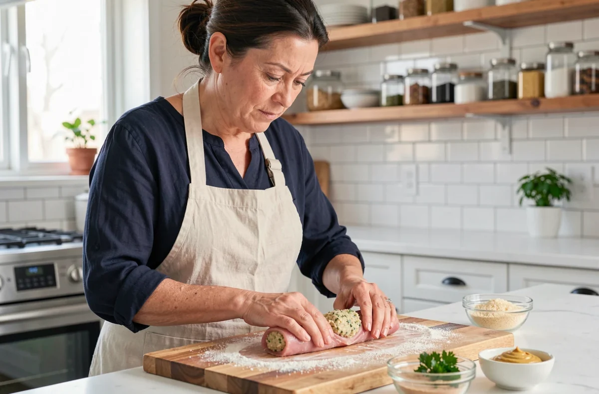 Femme préparant des paupiettes de porc maison en roulant des escalopes farcies aux herbes sur une planche en bois dans une cuisine familiale