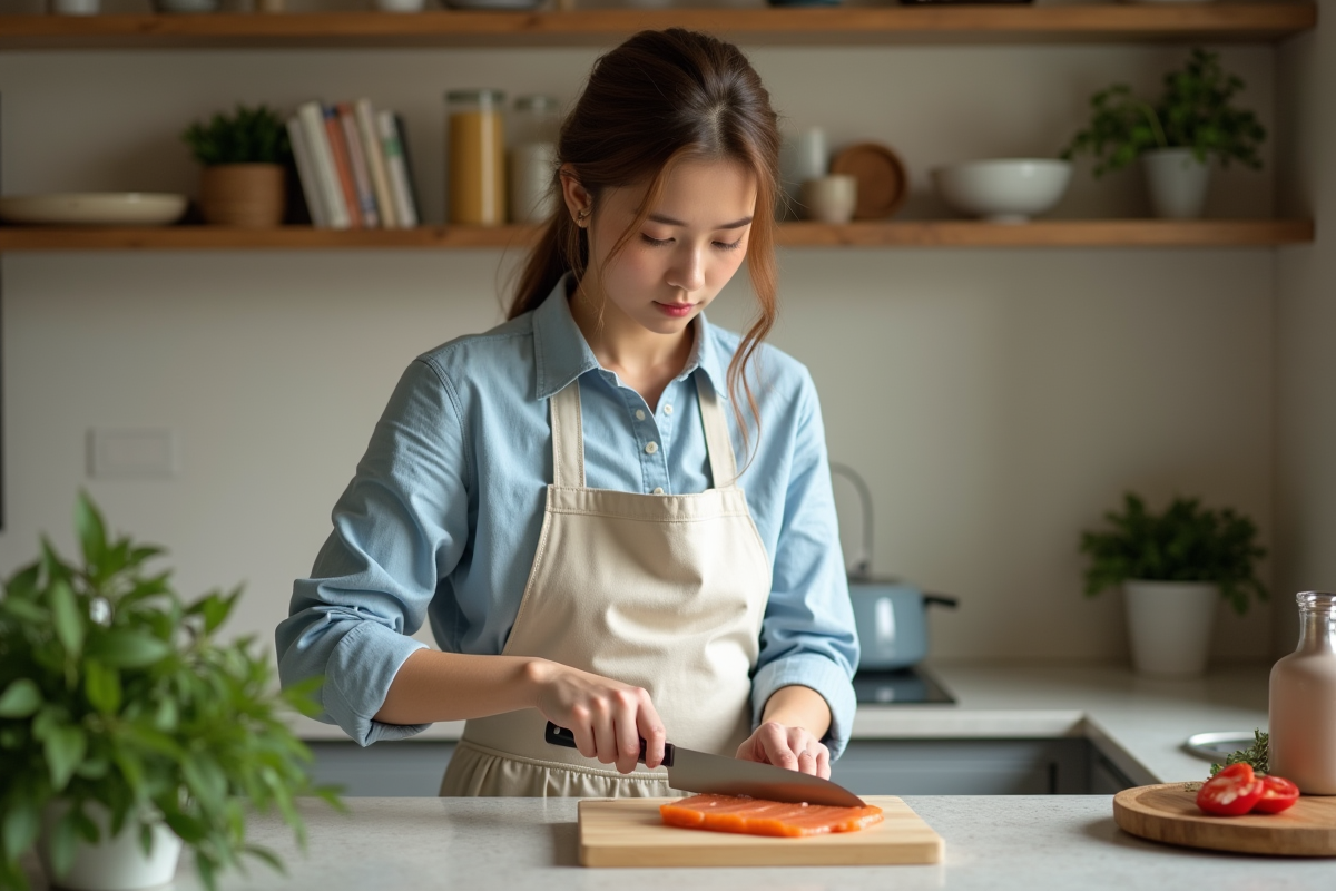Jeune femme préparant du poisson avec un couteau dans la cuisine