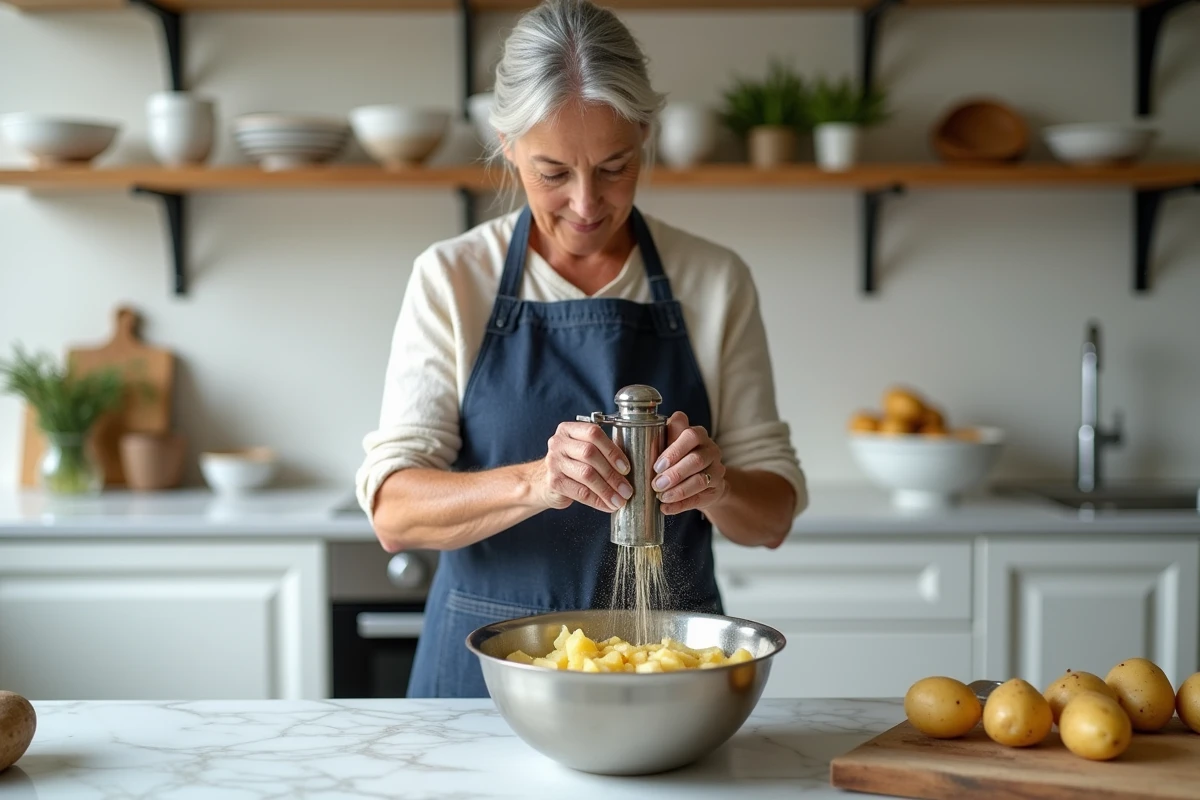 Femme préparant une purée maison en passant les pommes de terre au presse-purée dans une cuisine moderne