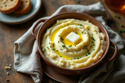 Bol de purée de pommes de terre maison beurrée au centre d'une table familiale rustique du dimanche