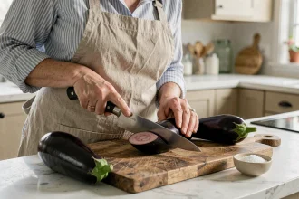 Femme coupant une aubergine fraîche sur une planche en bois dans une cuisine moderne