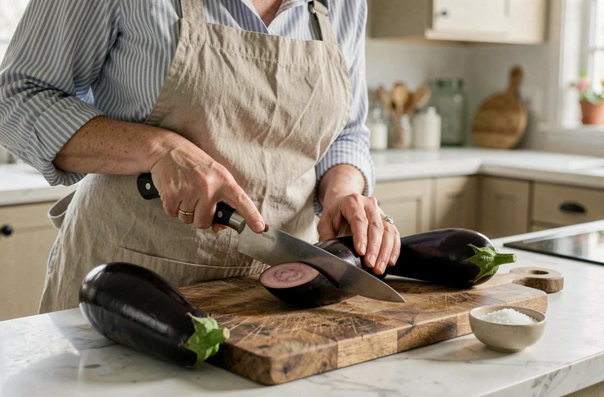 Femme coupant une aubergine fraîche sur une planche en bois dans une cuisine moderne