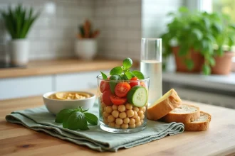 Repas de midi sans cuisson avec salade de pois chiches, houmous et pain complet sur une table en bois