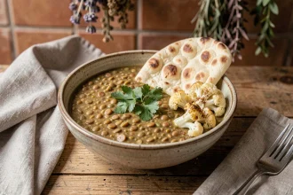 Bol de dal de lentilles végétarien servi avec du naan et du chou-fleur rôti au cumin pour un repas du soir équilibré