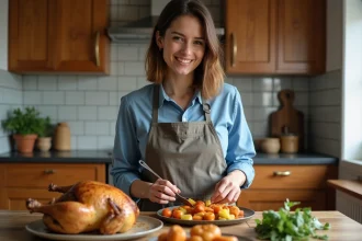 Jeune femme arrangeant légumes et poulet sur la table