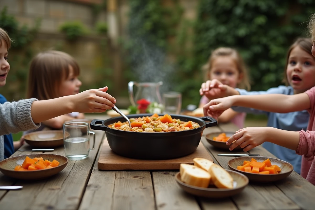 Repas en famille autour d'une pot&eacute;e au chou et carottes dans un jardin rustique en automne