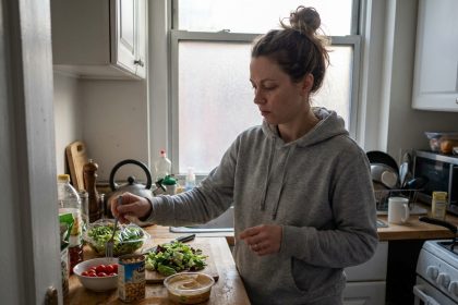 Femme fatiguée préparant rapidement un repas sain avec des ingrédients simples dans une petite cuisine d'appartement