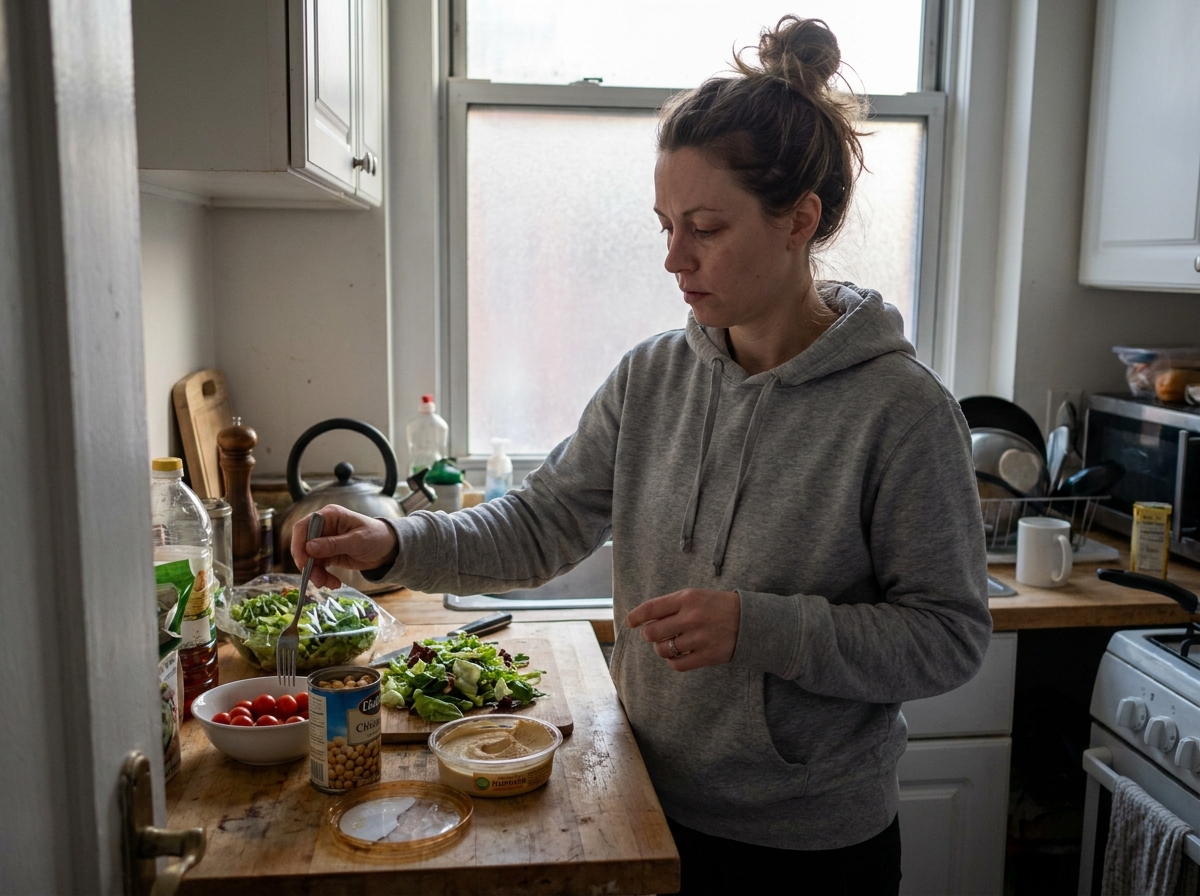 Femme fatiguée préparant rapidement un repas sain avec des ingrédients simples dans une petite cuisine d'appartement