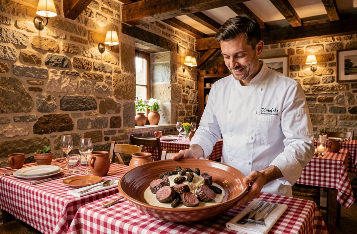Chef présentant un plat de veau braisé aux morilles dans la salle en pierres apparentes du restaurant Dimofski à Woelfling-lès-Sarreguemines