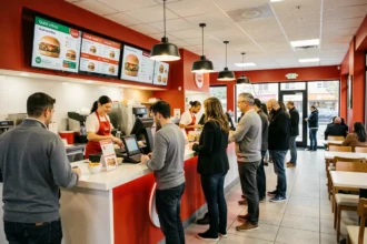 Intérieur d'un restaurant Quick halal en France avec des clients commandant au comptoir devant un menu certifié halal