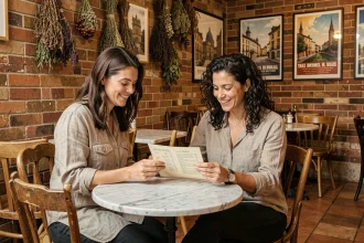 Femme souriante découvrant la carte d'un bistrot de quartier typique à Toulouse avec décor en briques apparentes et carrelage ancien