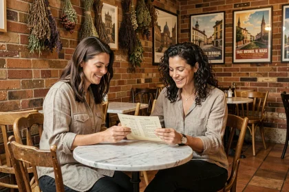 Femme souriante découvrant la carte d'un bistrot de quartier typique à Toulouse avec décor en briques apparentes et carrelage ancien